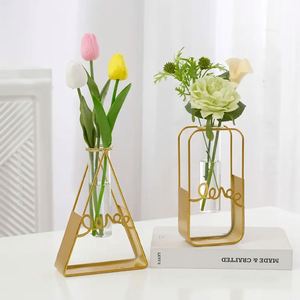 Vase à fleurs de style nordique avec cadre en métal doré, vase en verre pour la décoration intérieure du salon - Product Image 4