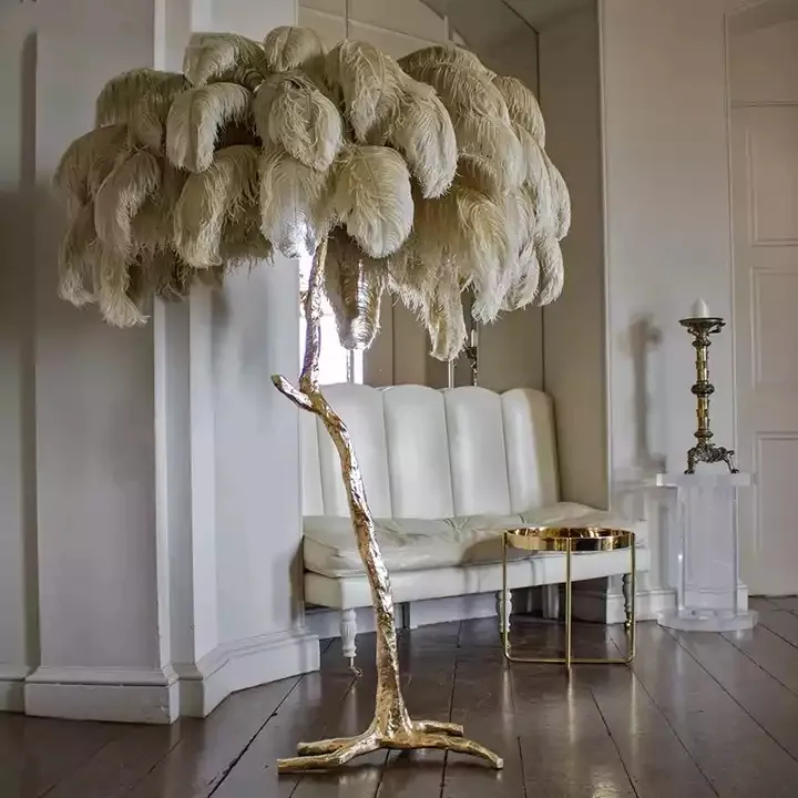 Copper Resin Standing Lamps for Living Room Bedroom Nordic Luxury LED Ostrich Feather Floor Lamp