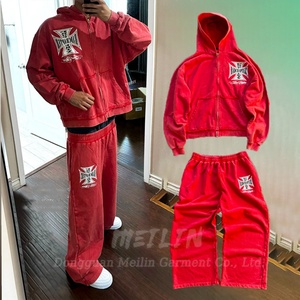 Sweatsuit Manufacturer Custom Heavyweight Oversized Acid Wash <b>Tracksuit</b> Red Baggy Sweatpants and Hoodies Set for Men - Product Image 4