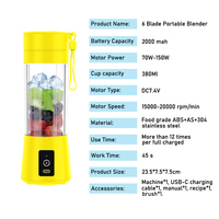 Mini mixeur électrique rechargeable par USB portable de 380 ml, RV, 6 lames en acier inoxydable, batterie de 2000 mAh, nettoyage automatique, presse-agrumes