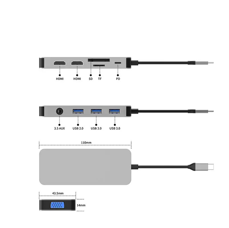 Type-c hub gigabit network usb c docking station HD VGA USB-C Docking Station 11-in-1 Docking Station