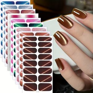 Beliebte 3D UV-freie Dünne Glänzende Silber Glitzer Cat-Eye-Lack Wasserdichte PET-Material Full Wraps Nagelsticker-Set Nagel Wraps - Product Image 3