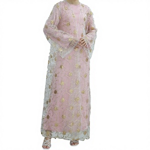 Pink Gold Floral Embroidered <b>Plus</b> <b>Size</b> Nida Abaya Elegant <b>Women</b> Muslim Long Sleeve Loose Fit for Eid Wedding Daily Wear - Product Image 1