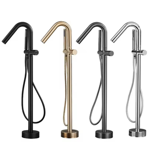Grifo de Bañera de Lujo Independiente con Montaje en Suelo, Mezclador de <span class=keywords><strong>Baño</strong></span> Moderno de Latón con Caño Giratorio y Set de Ducha de Mano - Product Image 1
