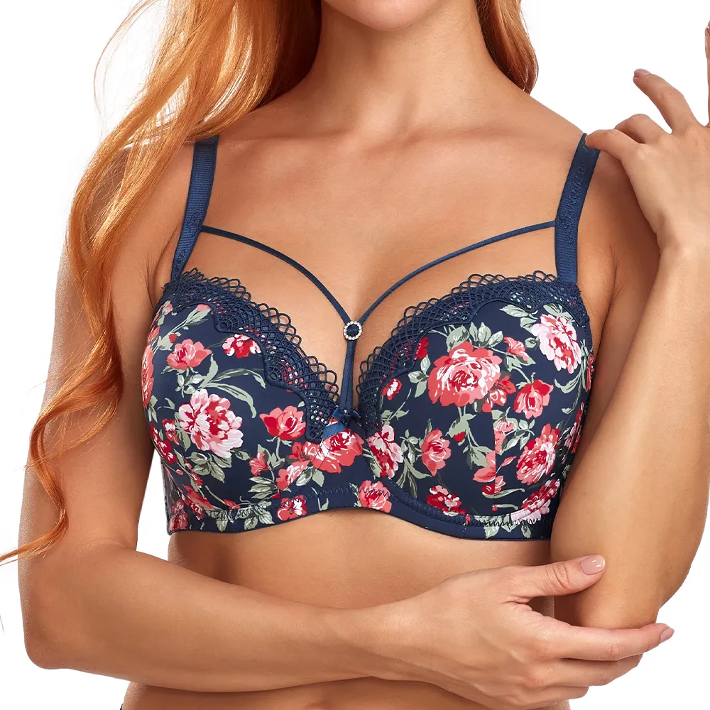 BINNYS New Arrival Big Breast Lift Support 40 Size Full Cup Push Up Big Breast Plu Size Floral Printed Gather Bra For Women