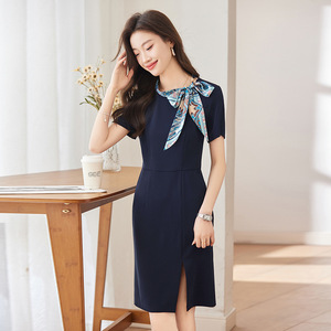 Women's Professional Dress Dark Blue Breathable Workwear Summer Wear Front Desk Uniform - Product Image 3