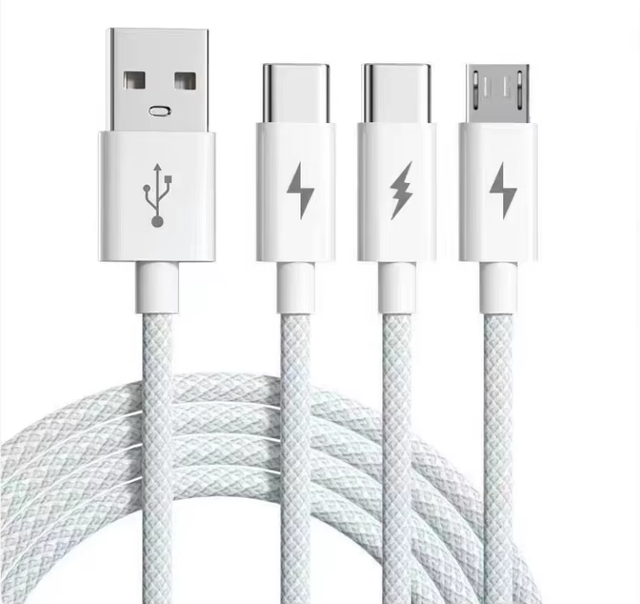 Universal 6A 66W 3-in-1 Fast Charging USB Type-C to Micro USB Nylon Braided Pure Copper Conductor Data Cable