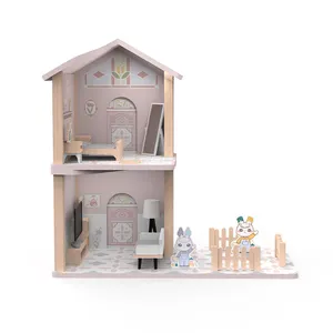 Wood Pink berpura-pura bermain rumah boneka Double-Decker anak Perempuan kamar Mini aksesoris furnitur Diy mainan konstruksi