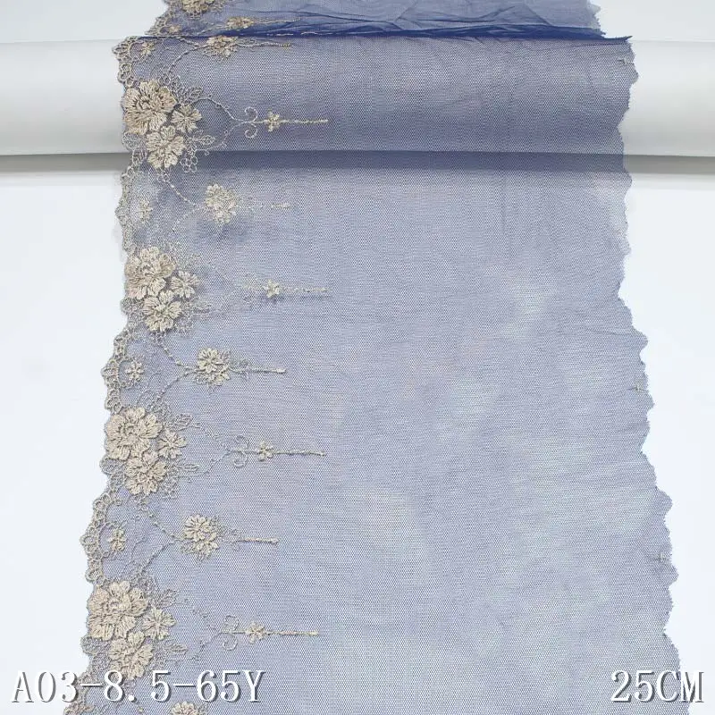 दुबई कढ़ाई फीता 25 cm विस्तृत डार्क ब्लू पुष्प महिलाओं के अंडरवियर थोक tulle कढ़ाई फीता कपड़े