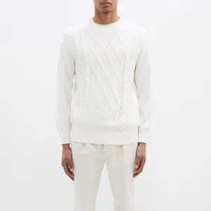 LeBo personalizado invierno blanco manga larga cuello redondo cable texturizado invierno tejido algodón suéter hombres