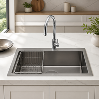 Évier de cuisine multifonctionnel de style coréen, grand évier simple en acier inoxydable 304, robinet artisanal décoratif + bord en nano-argent fraisé
