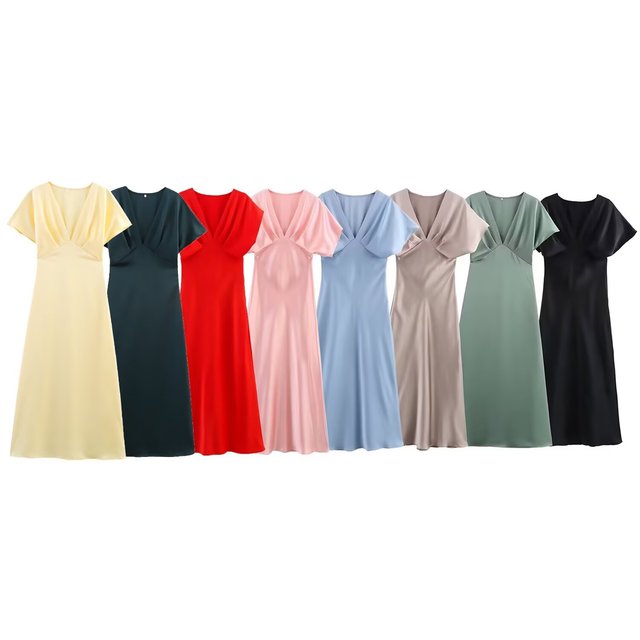 MYST&ZA Women's Clothing 2025 Spring New Style Temperament Slim Silk Satin Texture Short-sleeved V-neck Midi Dress 2330399
