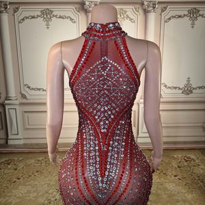 ZD Yeni Gelenler Kırmızı Seksi Yüksek Yırtmaçlı Yerlere Kadar Uzun Kulüp Elbisesi Taşlı Nedime Düğün Balo Parti Elbisesi - Product Image 3