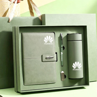 Promo Großhandel Business Luxus A5 Tagebuch-Flaschenset, personalisiertes grünes PU-Leder Notizbuch-Geschenkset mit Stift, Thermobecher und USB
