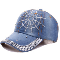 Özel sıkıntılı Denim Bling beyzbol şapkası Sparkle Bling taşlar çivili Rhinestone kot Bejeweled örümcek Web spor şapka