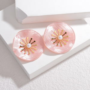 Resin Flower <b>Stud</b> <b>Earrings</b> with Pearl Center & 18K PVD Gold Stainless Steel Accent | Lightweight <b>Earrings</b> for Women & Girls - Product Image 3