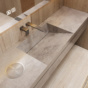 Meuble de salle de bain intelligent avec miroir LED intégré, vasque simple ou double sans joint, et plan de travail en pierre intégré. - Product Image 5