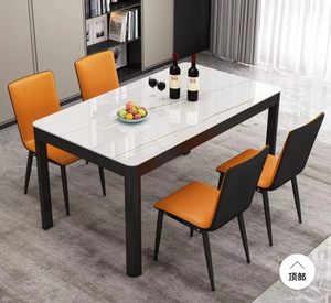 Juego de Comedor Moderno con Mesa Rectangular de Vidrio Templado y 6 Sillas, Estructura Negra, Tapicería Azul Claro, Muebles para el Hogar - Product Image 4