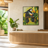 Mosaïque en verre découpée à la main, motif Tucan et Faucon-cornu, Décoration murale artistique pour Salle de Bain, Maison, Hôtel, Espace Commercial