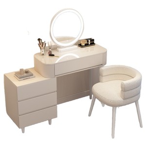 Juego de tocador blanco moderno, taburete con espejo LED iluminado, 3 cajones, tocador de maquillaje, muebles de baño para dormitorio montados en la pared - Product Image 4