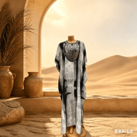 Gaun Maxi Wanita Motif Afrika Warna Perak Lengan Kelelawar Longgar Model Abaya Jubah Musim Panas Bahan Sifon Muslim Kasual Jubah Wanita