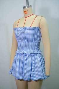 Vivblook Z811ST03 Conjunto de 2 piezas para mujer, conjunto de 2 piezas a cuadros con estampado de rayas, Tops sin tirantes, falda hinchada plisada, conjunto de talla grande para mujer - Product Image 3