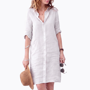 Vestido Camisero de Lino y Algodón de Verano para Mujer, Talla Grande, Largo Medio, con Botones, Manga Media, Cuello Solapa, Estilo Casual - Product Image 2