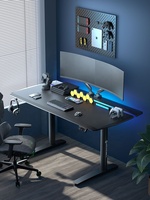 Bureau assis-debout électrique à LED avec porte-gobelet extensible, double moteur, double colonne, plateau en bois massif, cadre de bureau à hauteur réglable