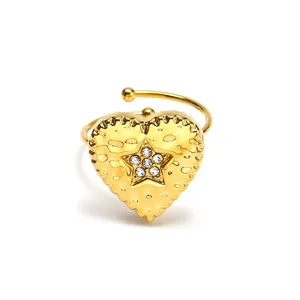 Anello Aperto Regolabile in Acciaio Inossidabile con Cuore <span class=keywords><strong>Martellato</strong></span> e Stella di Cristallo, Gioielli di Moda per Donne - Product Image 1