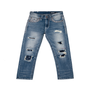En stock: Jeans de mezclilla para hombre, de pierna recta, con bordado de puntadas gruesas, con parches y efecto desgastado. - Product Image 1