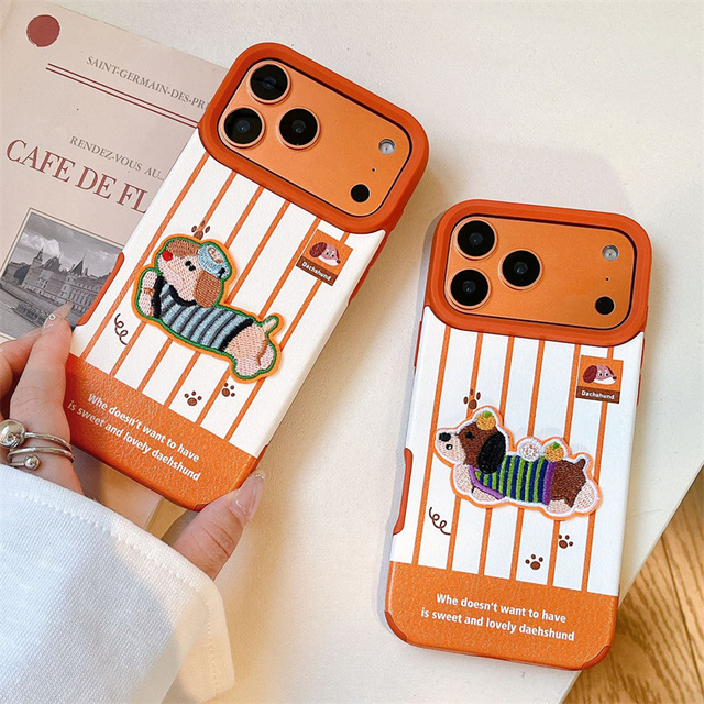 Cute Embroidery Cartoon Dog Mobile Phone case for iPhone 17 Air 16 15 14 Pro Max leather Plush Bow Cartoon DIY Lucky back Cover