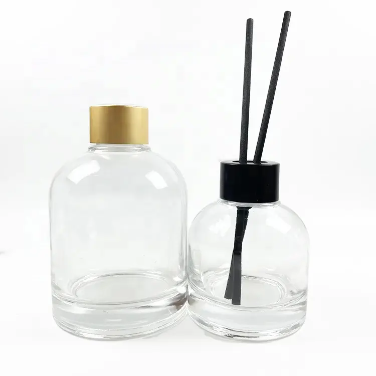 Botellas difusoras de vidrio vacías al por mayor botellas difusoras de caña de aroma redondas transparentes botellas de vidrio de fragancia con tapa de madera negra