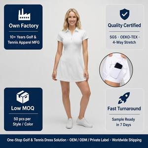 Abito da Golf Bianco da <span class=keywords><strong>Donna</strong></span>, Linea A, Colletto Classico, Chiusura con Zip, Manica Corta, Mini Abito da Golf, Produzione all'Ingrosso OEM Personalizzato - Product Image 4
