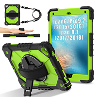 WESOROL Funda resistente para iPad 6/Pro 9.7/Nuevo iPad 9.7 5.ª/6.ª generación con soporte de 360°, correa de mano, correa para el hombro, negro, amarillo, verde