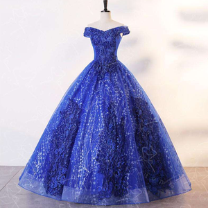 2025 abito in Quinceanera in raso stile Minthson blu reale con ricamo oro lungo fino al pavimento abito da ballo con scollo a barca abito da sposa rosso - Product Image 4