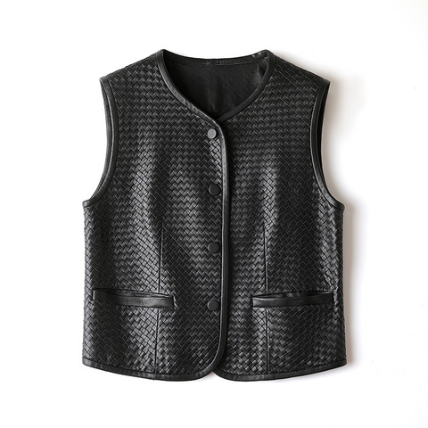 4107-1 New Style Fashion Sheepskin Heavy-duty Sleeveless Single Breasted Casual Short Genuine Leather Vest for Women