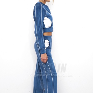 Custom 3m Reflective <b>Zip</b> <b>up</b> <b>Crop</b> Hoodies Velvet for Women Sweat Suit Jogger Two Piece Set Velvet Tracksuits for Women - Product Image 4