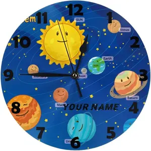 MDF bois enfants horloge murale Logo personnalisé moderne rond Simple en bois espace science horloge système solaire planète horloges décoration de la maison