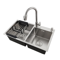 Évier de cuisine intelligent moderne noir multifonctionnel en acier inoxydable brossé fait main, double bac, sans robinet, à poser sur comptoir