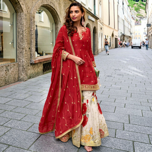 Modern Red Embroidered Salwar Kameez Set Floral Print Dupatta Women Party Wedding Diwali Graduation Indian Pakistani <b>Outfit</b> - Product Image 1