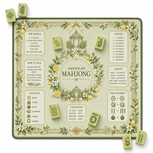 Vintage Sage Green Lemon Mahjong Play Mat Premium Anti-Slip Neoprene Table Protection Pad with Built-in Scoring Guide - Product Image 1