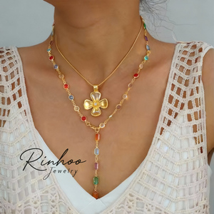 RINHOO Renkli Zirkon Y Şeklinde Uzun Püsküllü Metal Çiçek Kolye Taklidi İnci Fiyonklu Ayçiçeği Gerdanlık Kadın Takısı - Product Image 1