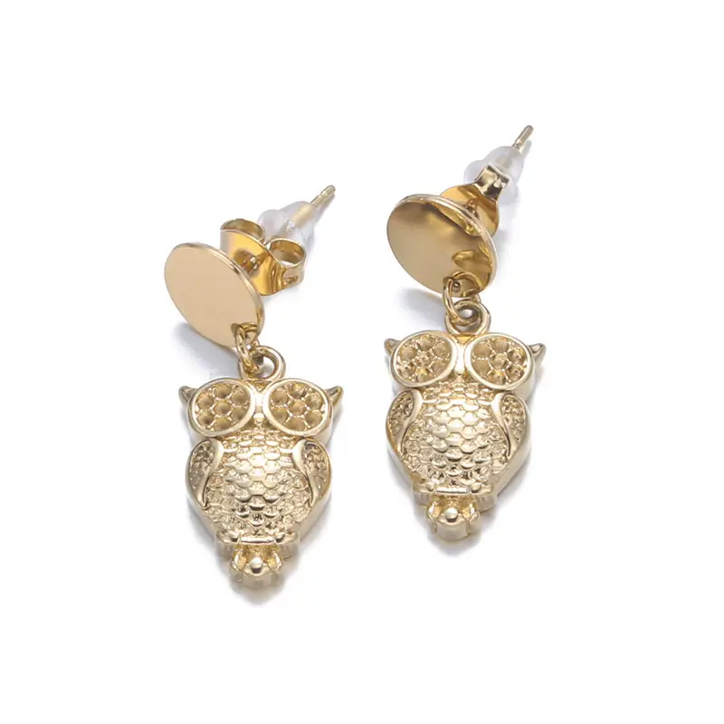 2022 New Design Wholesale Fashion Cute Animal Jewelry PVD 18K Gold Plated Owl Dangle Drop Piercing Stud Earrings