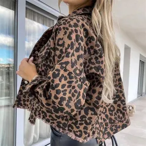 Ready To Ship Western Style Leopard Print Denim Women Jackets Fashion Cheetah Long Sleeve Ladies Coats Tops