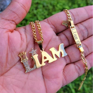 Conjunto de Joias Personalizadas Lateefah OEM: Colar com Nome de Bebê, Corrente Cubana de Aço Inoxidável e Pulseira com Zircônia, Coroa e Estrela - Product Image 3
