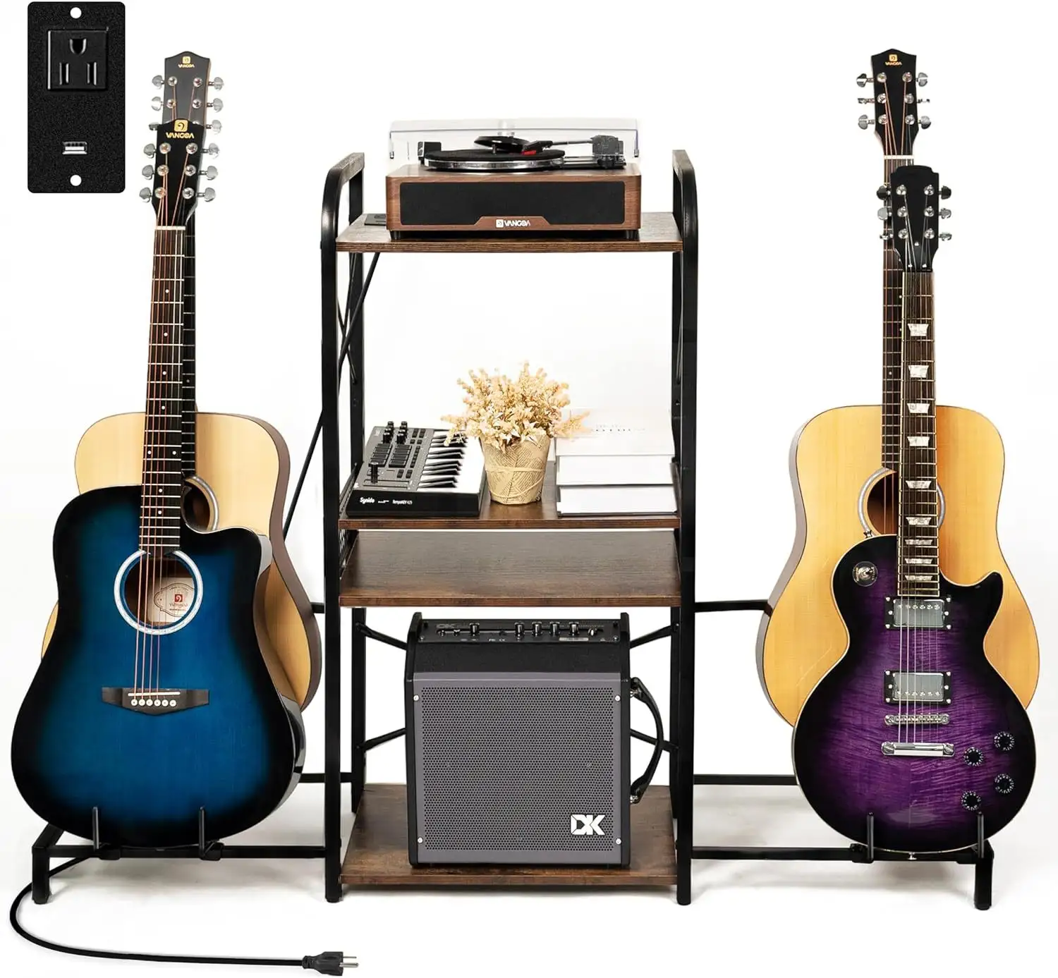 Room Home Studio 4-Tier Upgraded Power Outlet Multi Guitar Stand Floor Rack