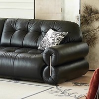 Französischer Retro-Stil Schwarzes Zuckerwolken-Echtleder-Sofa mit Fernbedienung, Ausziehbar, Gerade, Elektrisch Verstellbares Schlafsofa
