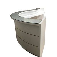Comptoir d'accueil en forme de S de 14 pieds pour centre commercial, avec garniture en acier inoxydable et plateau en verre