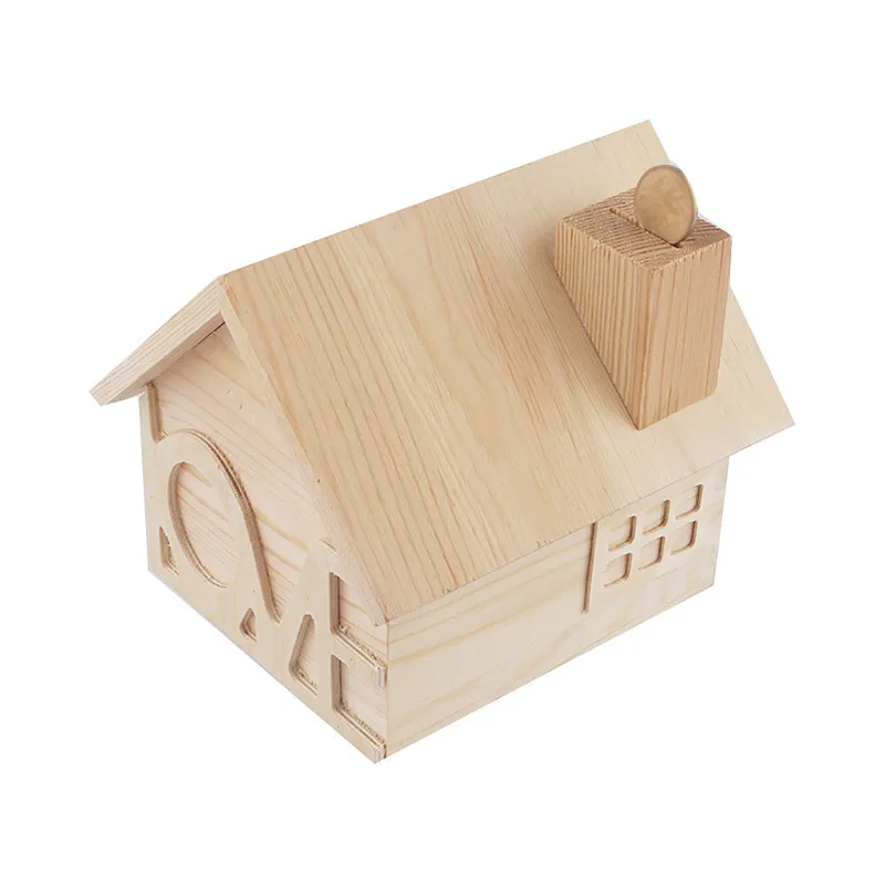 Fábrica logotipo personalizado moderno DIY casa de madera en blanco caja fuerte alcancía juguete con cerradura caja de seguridad