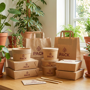 High Quality Disposable Fast Food Packaging Series Custom Logo Kraft Paper <strong>Pizza</strong> Box Soup Bowl Beverage Cup and Paper Tote <strong>Bag</strong> - Product Image 1